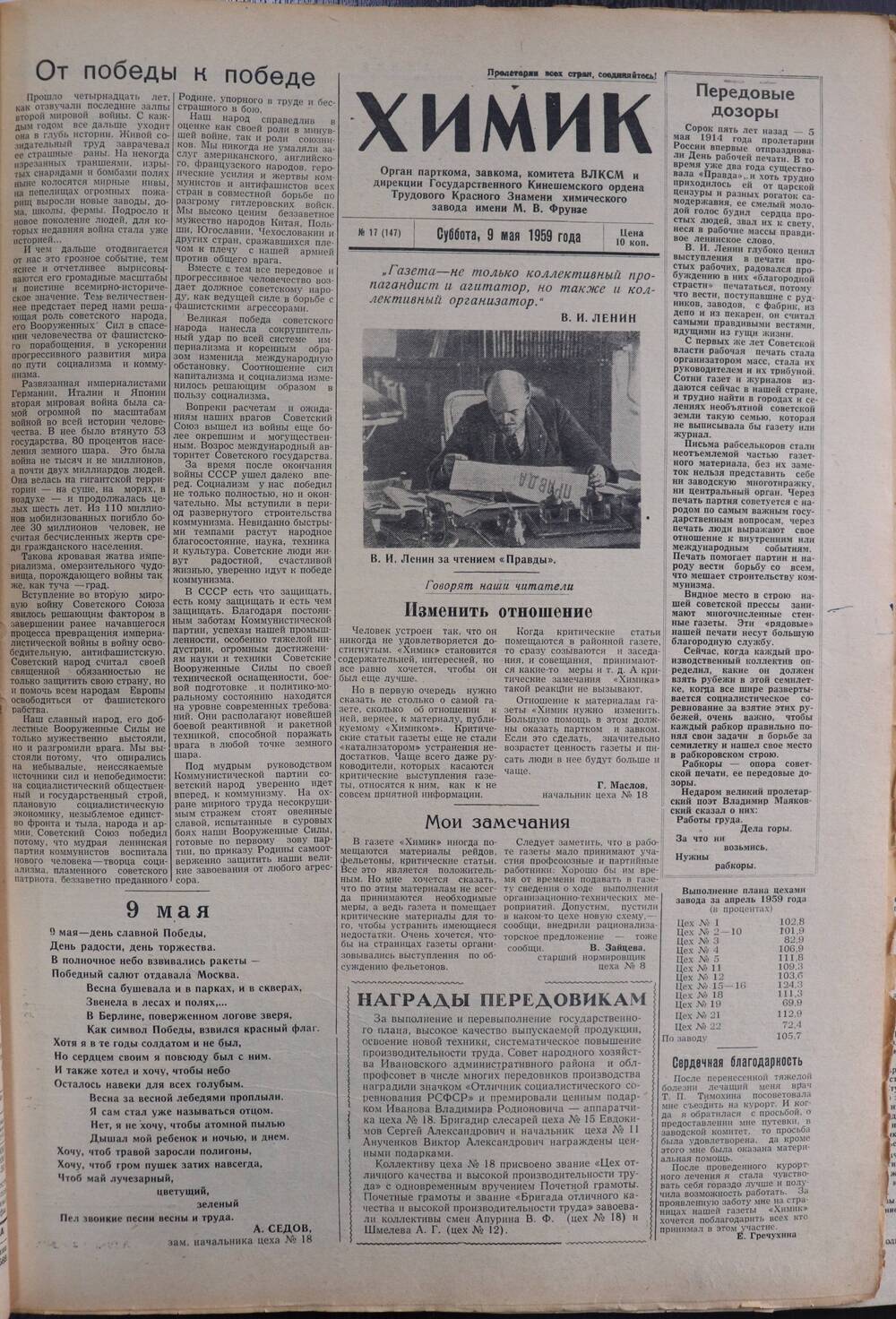 Газета «Химик» № 17 от 9 мая 1959 года.