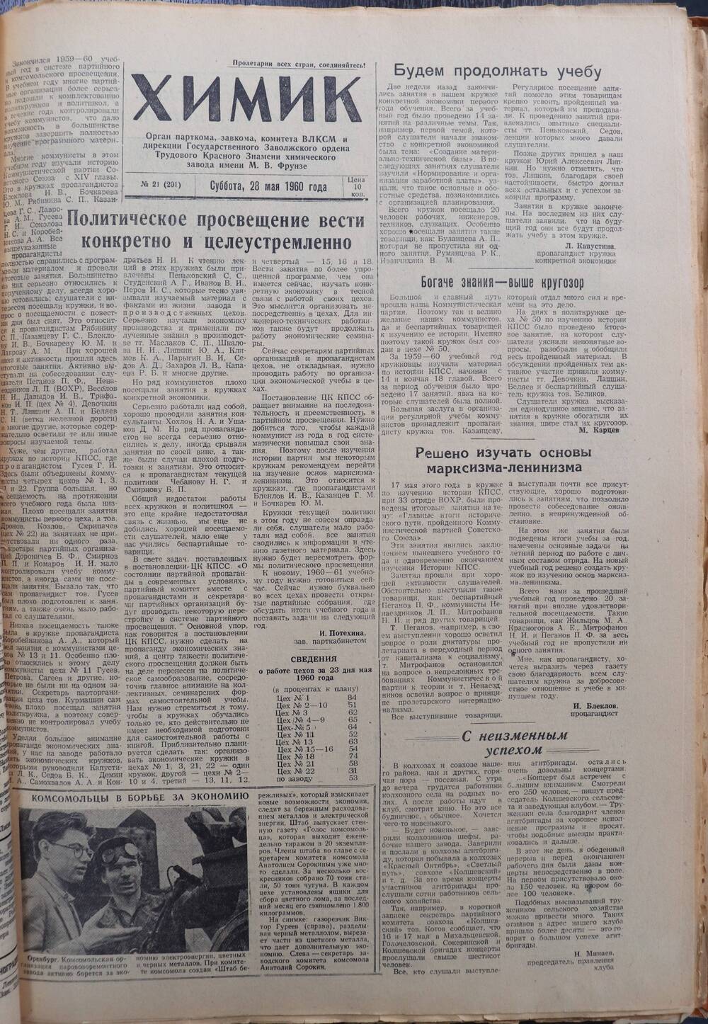 Газета «Химик» № 21 от 28 мая 1960 года.