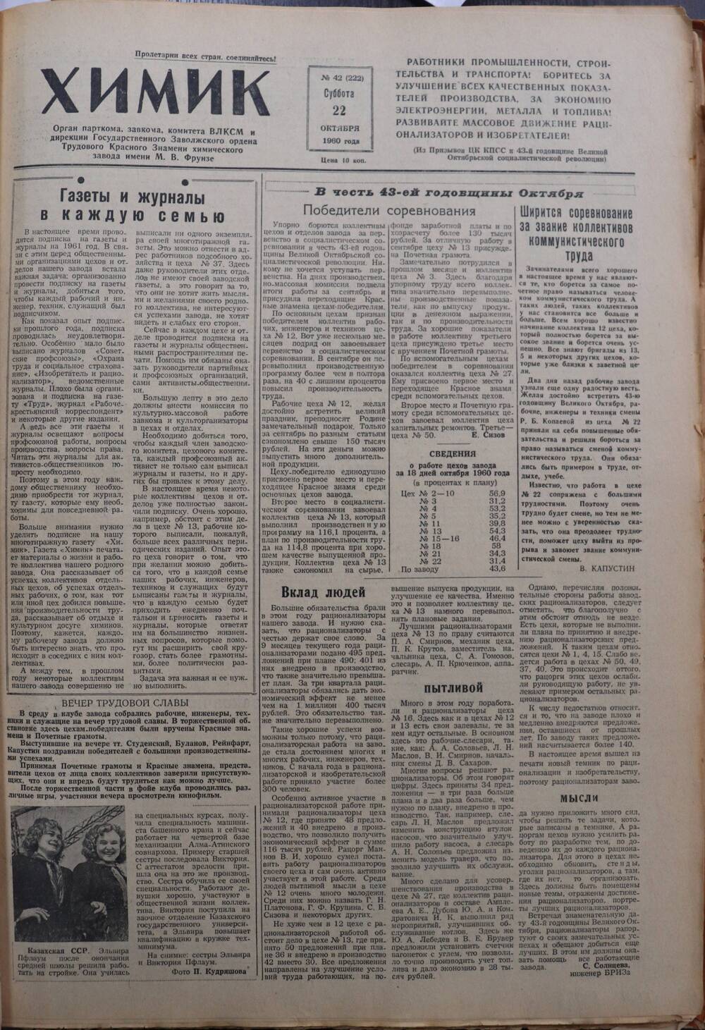 Газета «Химик» № 42 от 22 октября 1960 года.