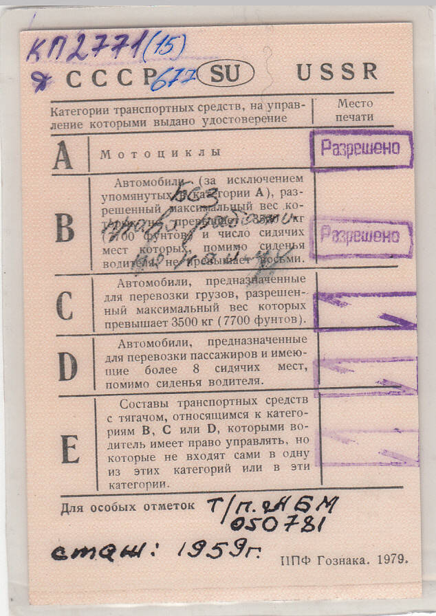 Удостоверение  водительское № 244781  Щербакова Гегемона Александровича.
