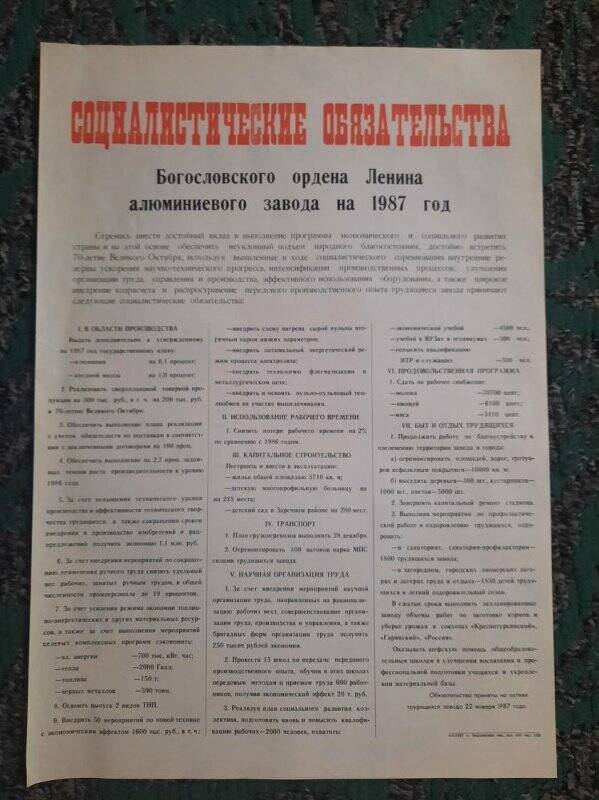 Плакат. Социалистические обязательства Богословского ордена Ленина алюминиевого завода на 1987 год