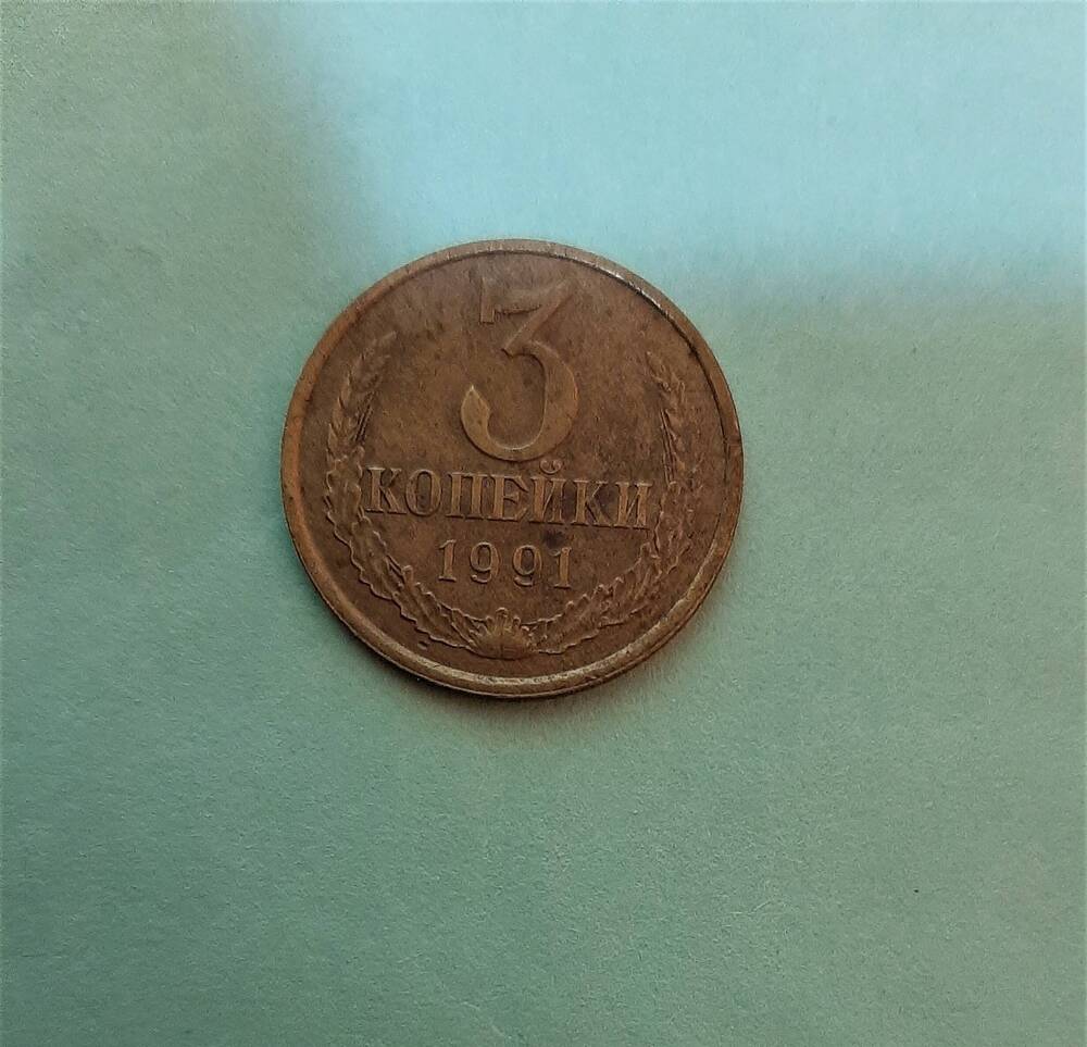 Монета достоинством 3 коп. 1991 года.
