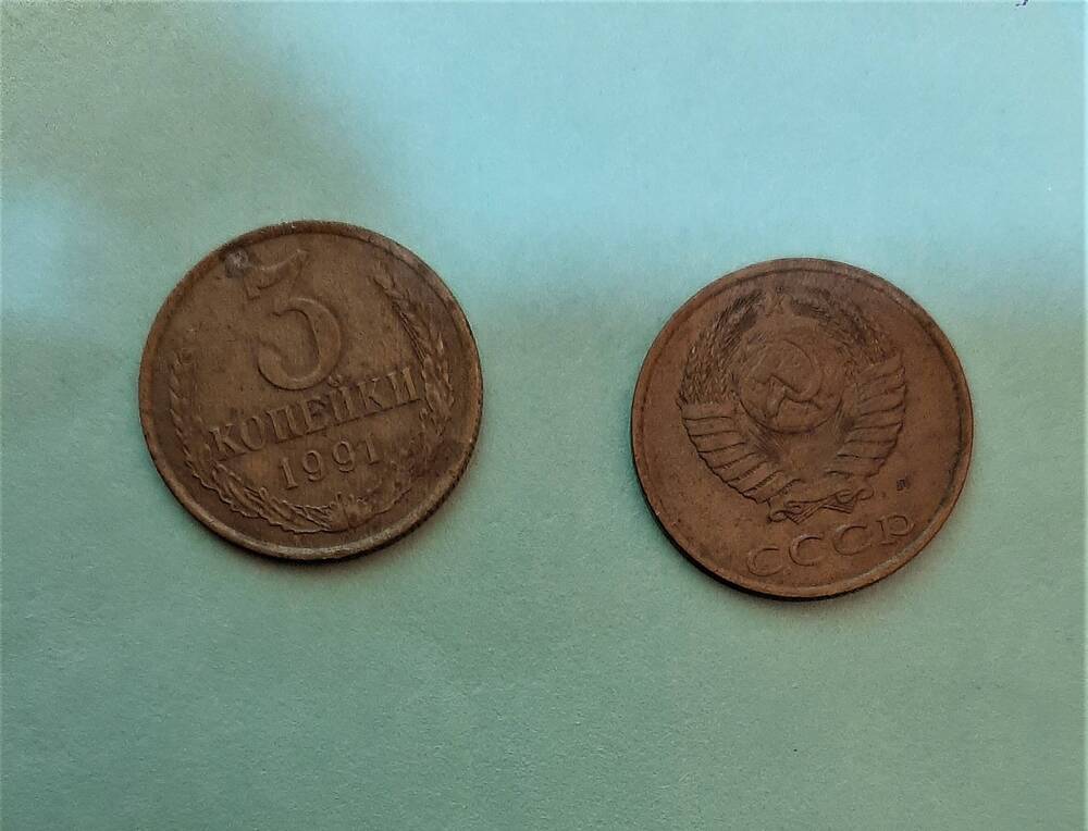 Монета достоинством 3 коп. 1991 года.