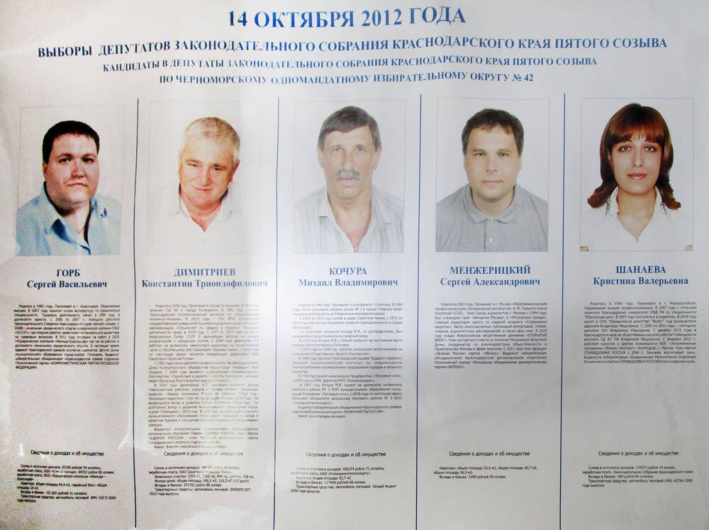 Плакат информационный Кандидаты в депутаты Законодательного Собрания Краснодарского края пятого созыва по Черноморскому одномандатному избирательному округу № 42.