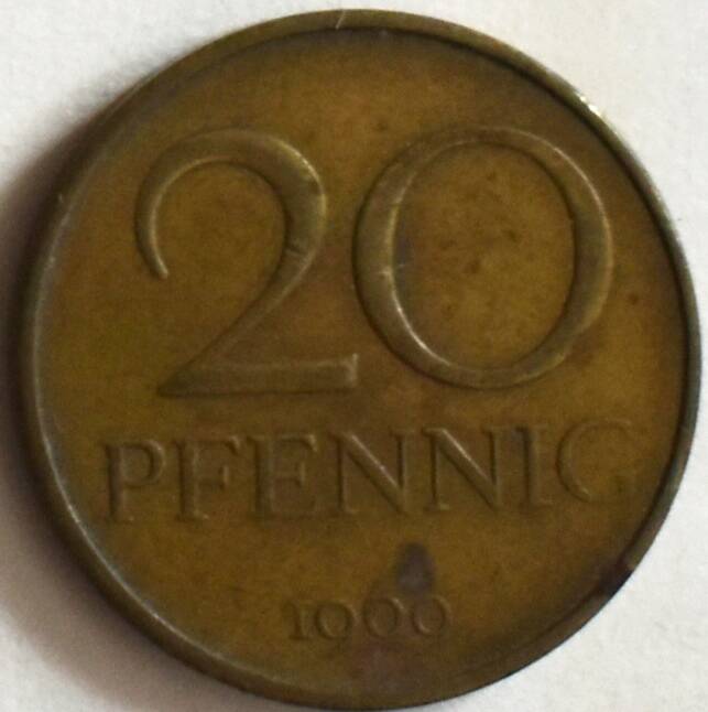 Монета 20 пфеннигов, 1969 год, ГДР