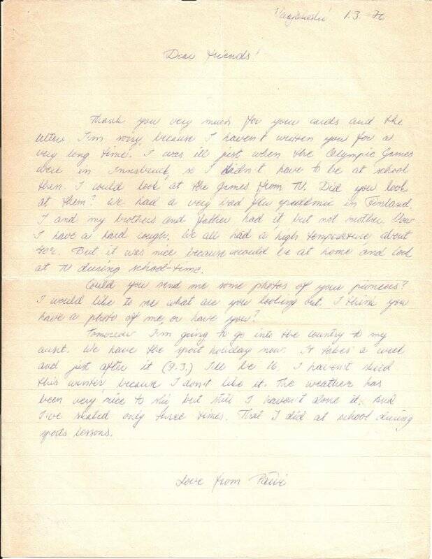 Письмо финского школьника Р. Каккола в КИД «Радуга» Алуштинского Дворца пионеров (написано от руки, на английском языке).