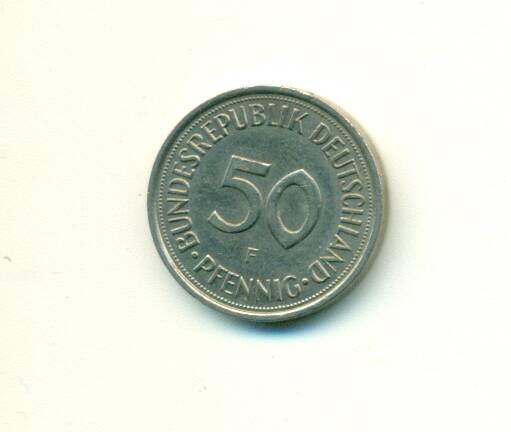 Монета. ФРГ.
50 пфеннингов 1991 г.