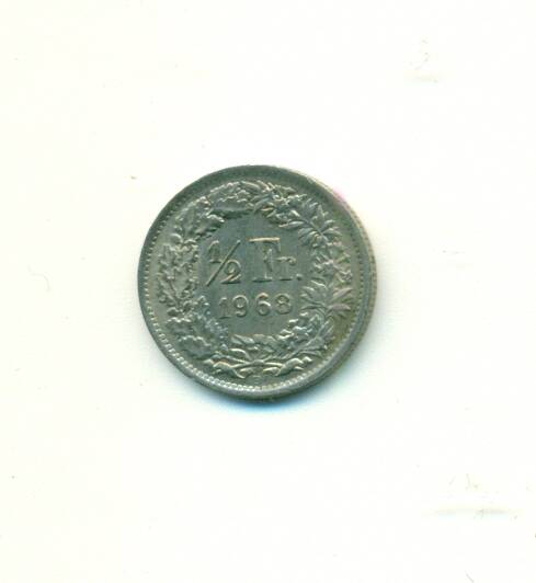 Монета. Швейцария.
 1/2 франка 1968 г.
