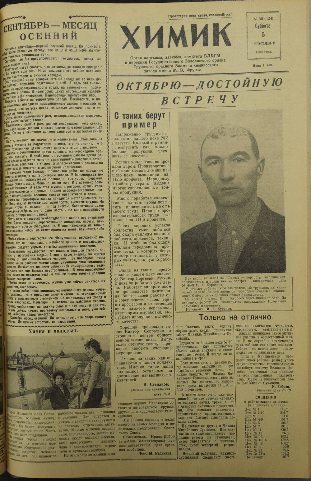 Газета «Химик» № 36 от 5 сентября 1964 года.