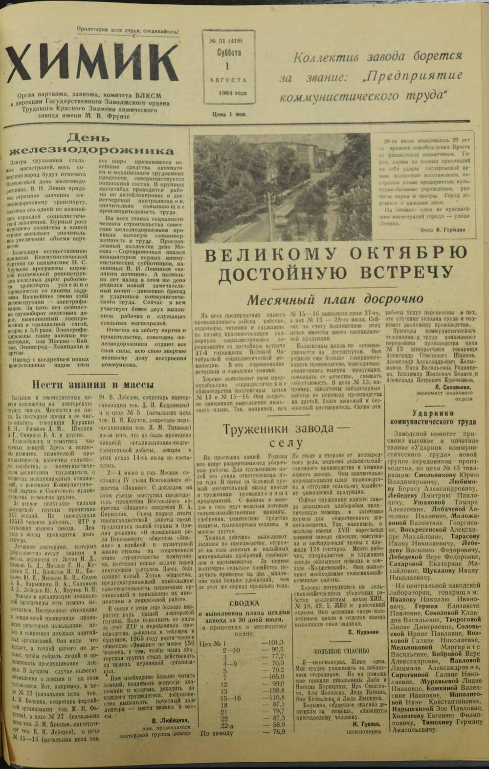 Газета «Химик» № 31 от 1 августа 1964 года.