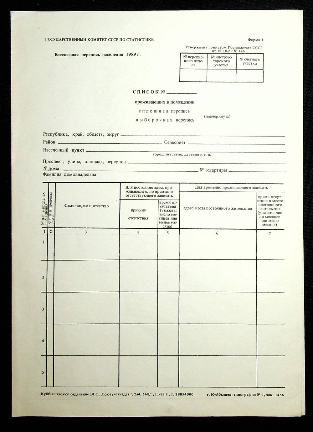 Список проживающих в помещении. Форма №1 по Всесоюзной переписи населения 1989г.