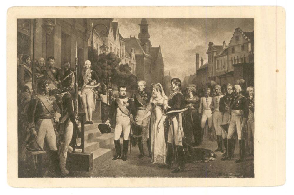 Открытка почтовая Встреча Наполеона и королевы прусской в Тильзите 6 июля 1807 года. (Тильзит 1807 г.).