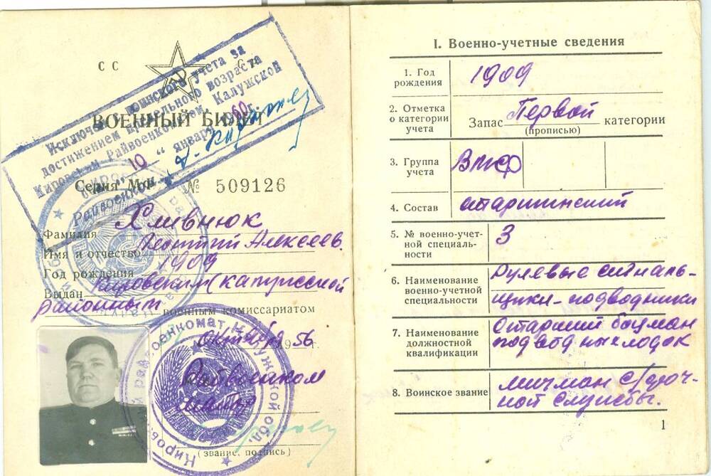 Военный билет Хлевнюка Л. А.