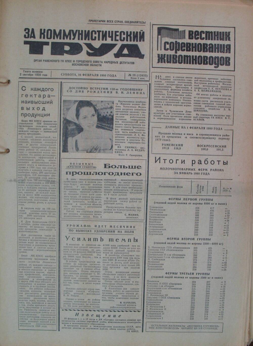 За коммунистический труд, газета № 28 от 16 февраля 1980г