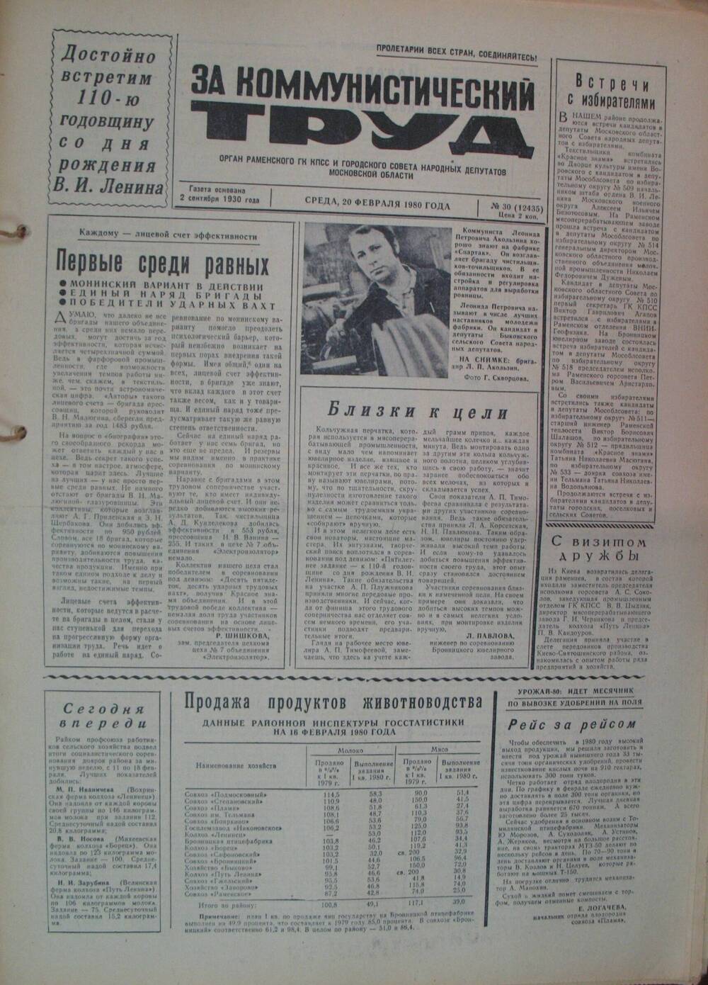 За коммунистический труд, газета № 30 от 20 февраля 1980г