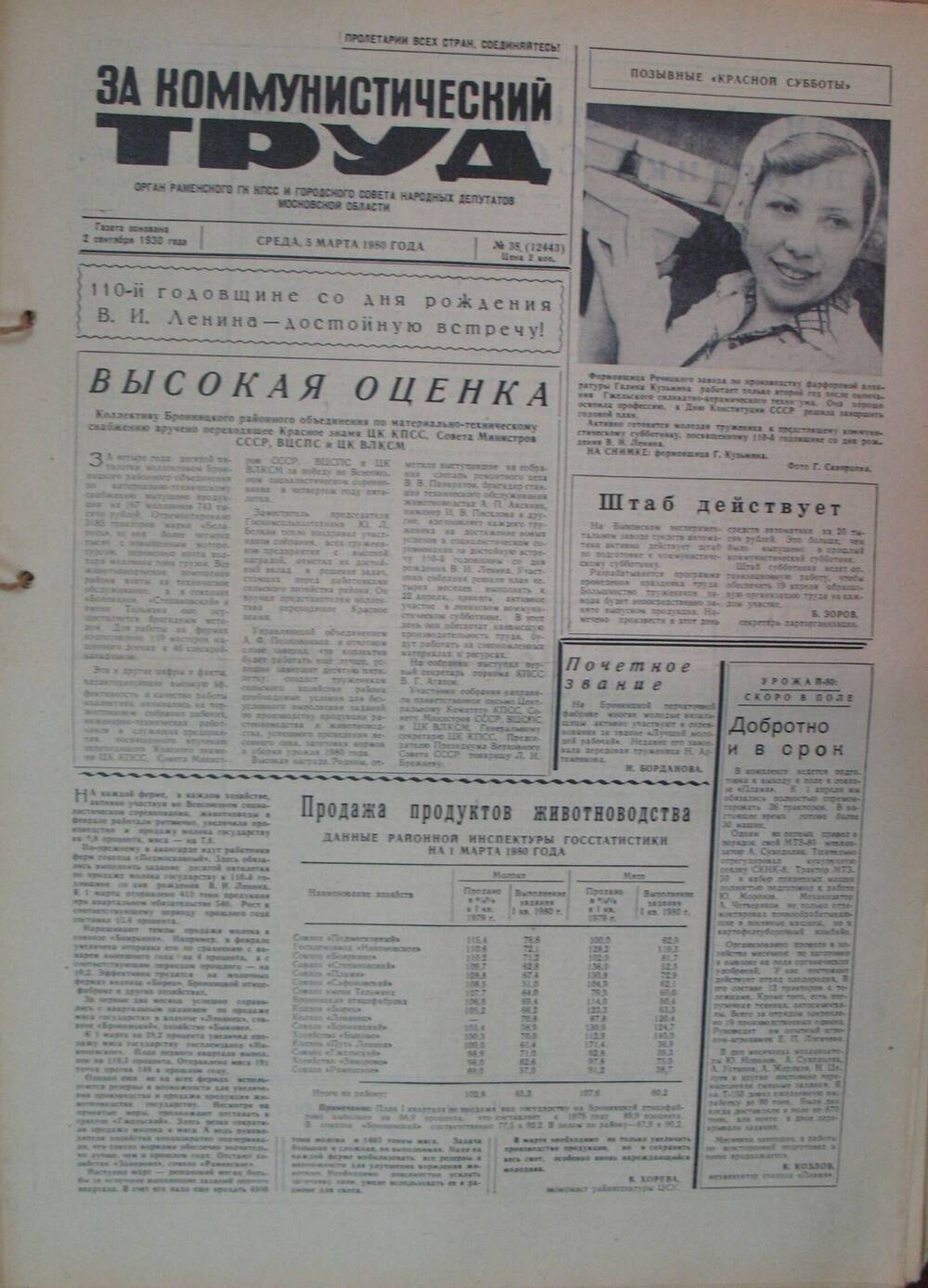 За коммунистический труд, газета № 38 от 5 марта 1980г