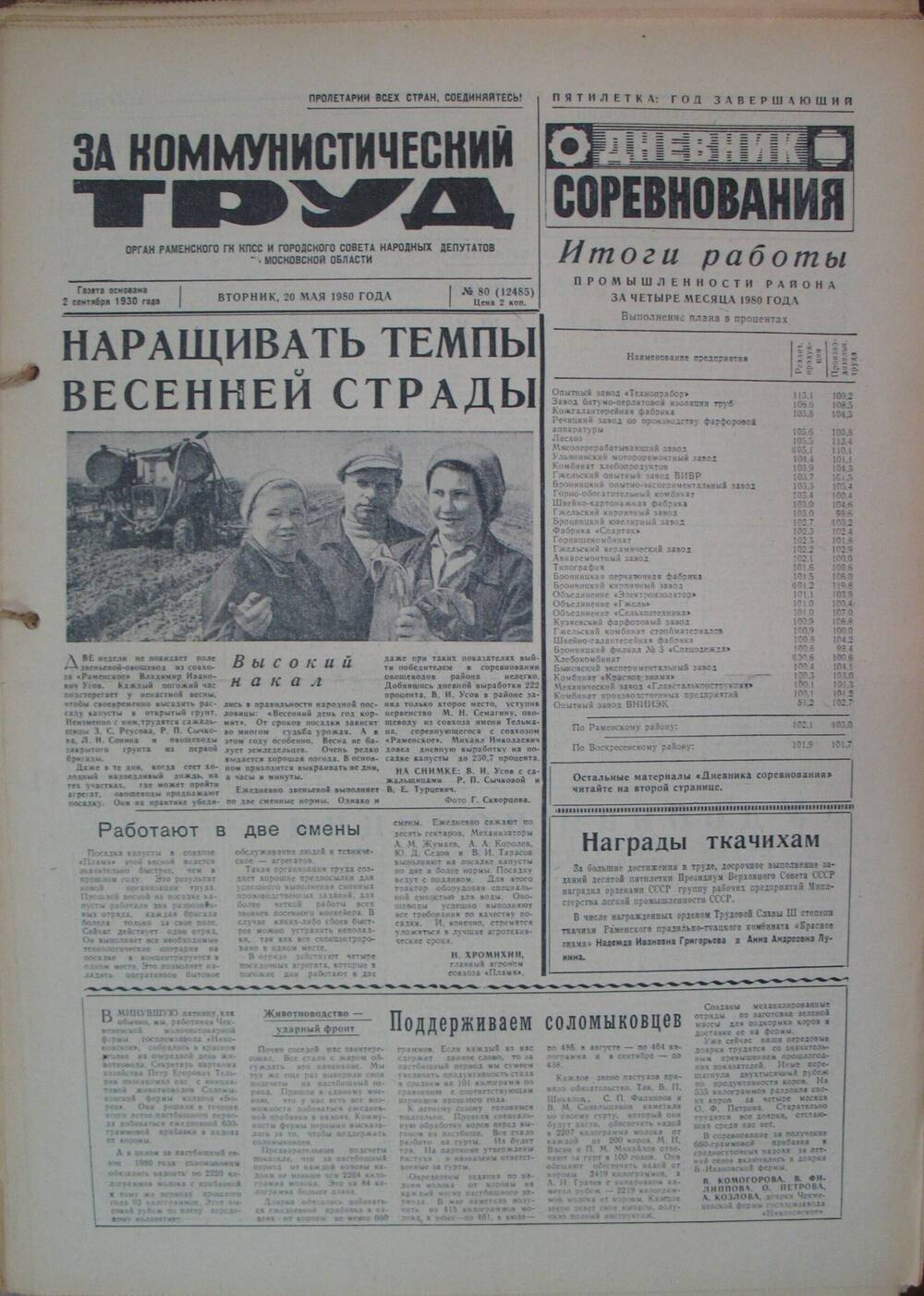 За коммунистический труд, газета № 80 от 20 мая 1980г