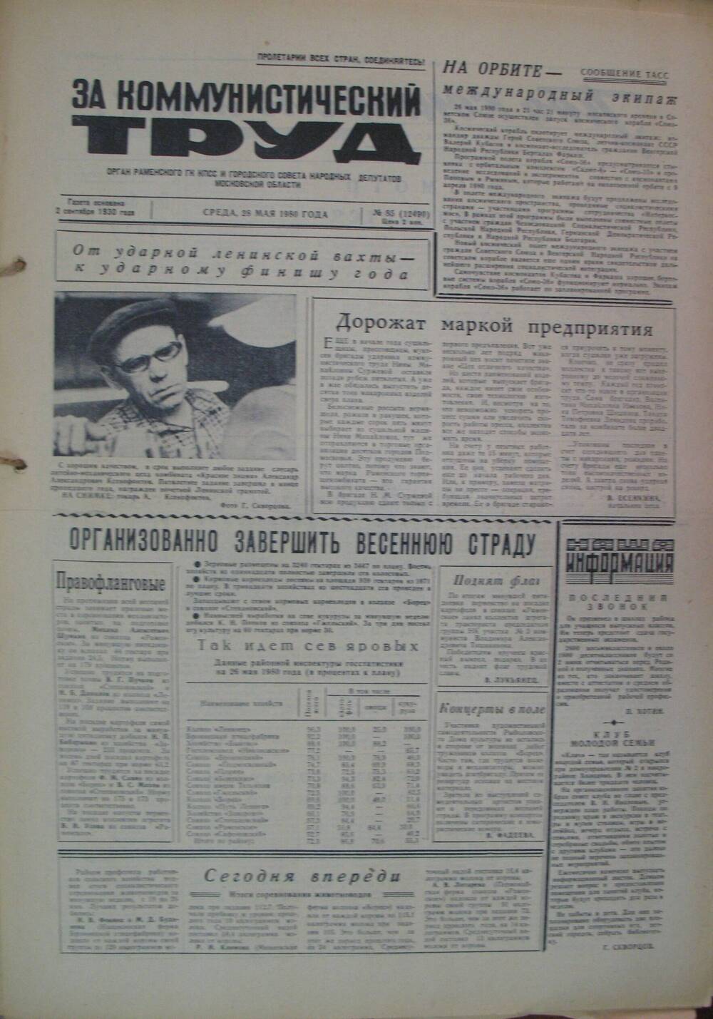 За коммунистический труд, газета № 85 от 28 мая 1980г