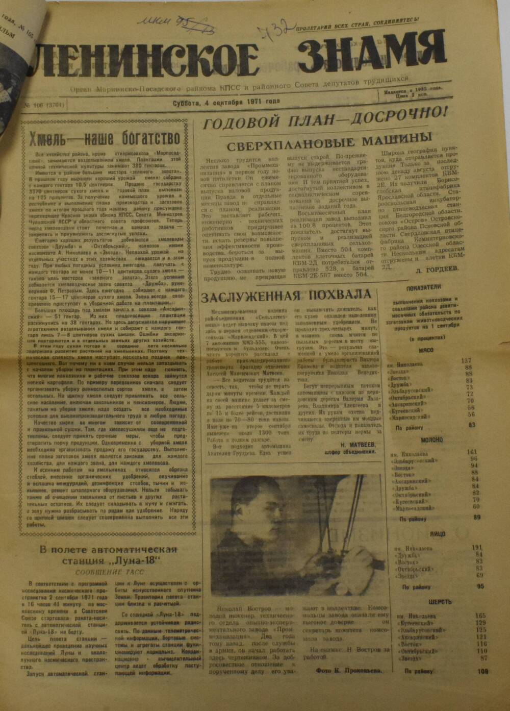 Газета Ленинское знамя от 4 сентября 1971