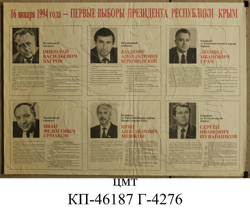 Плакат «16 января 1994 г. - первые выборы президента Республики Крым»