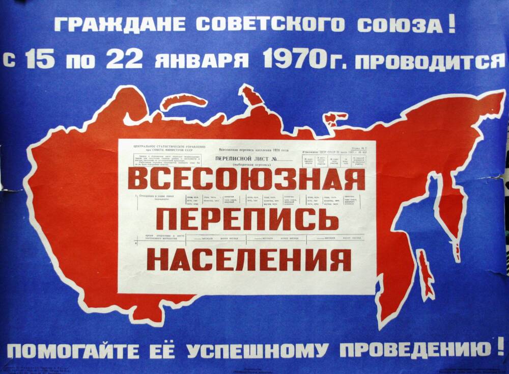 Плакат. Граждане Советского Союза! С 15 по 22 января 1970 г. проводится Всесоюзная перепись населения. Помогайте успешному её проведению.