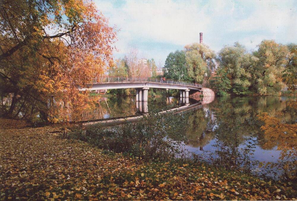Фото цветное,фрагмент Маркового пруда (средний пруд) с желто-белым мостом,октябрь 1999г.