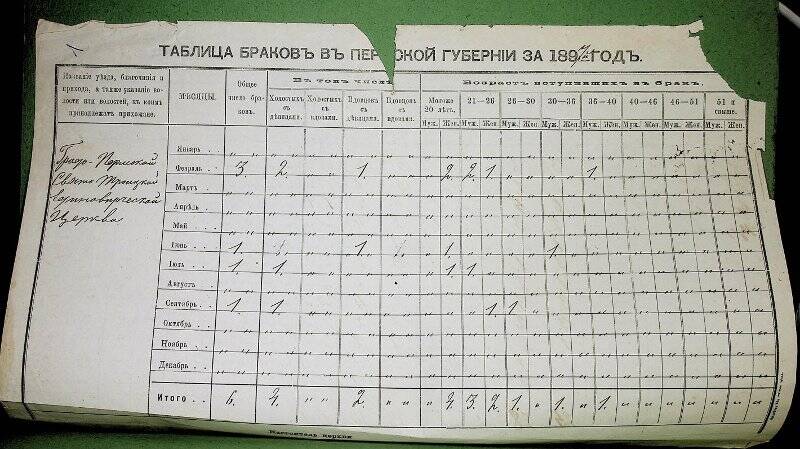 Документ. Таблица браков в Пермской губернии за 1897 г.