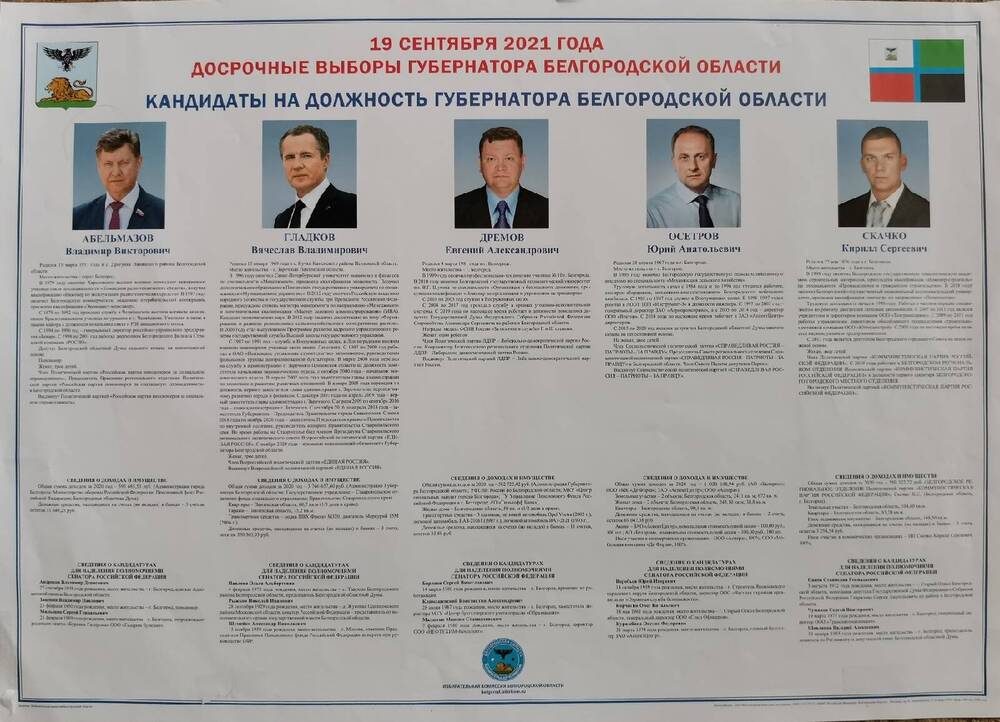 Плакат информационный. Кандидаты на должность губернатора Белгородской области 19 сентября 2021 г.