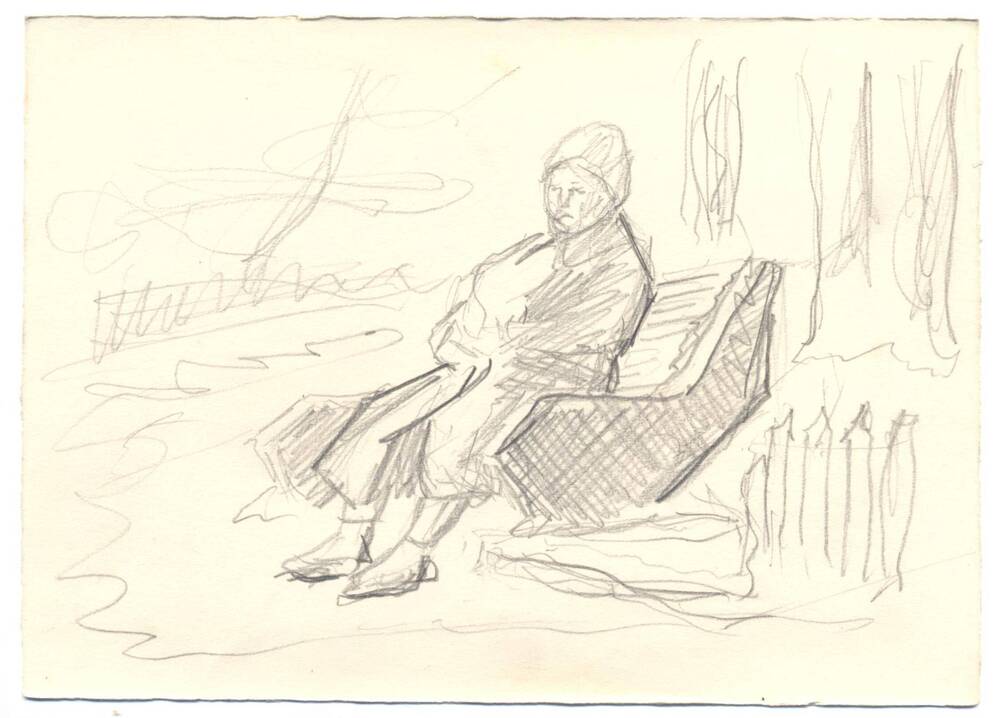 Графический набросок Женщина на скамейке, автор Лунев Н.А.