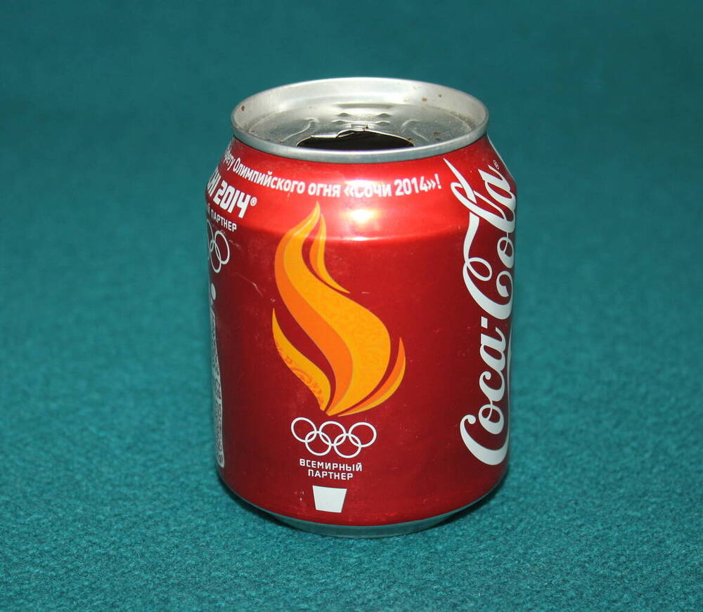Банка из-под газированного напитка Кока -кола с символикой  зимней олимпиады в Сочи   2014 года