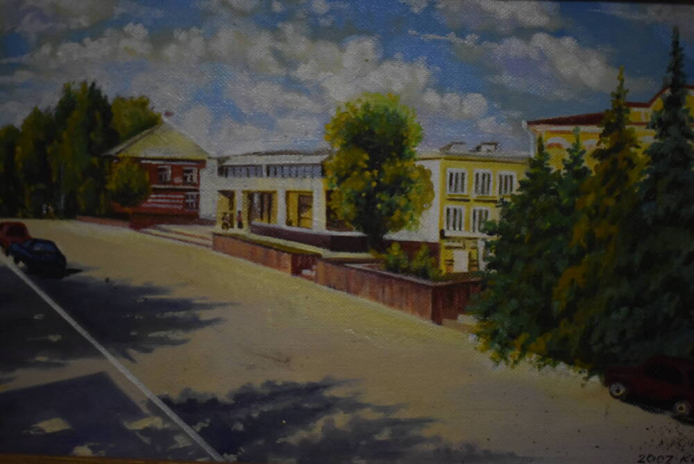 Картина современный вид г. Богучара, площадь Малаховского, здание РДК., 2007 год.