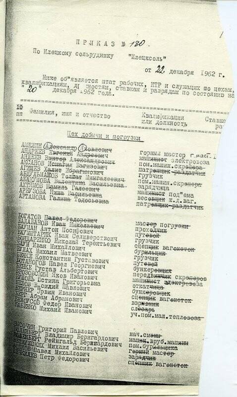 Приказ № 180 от 22 декабря 1962 г. По Илецкому сольруднику «Илецксоль».