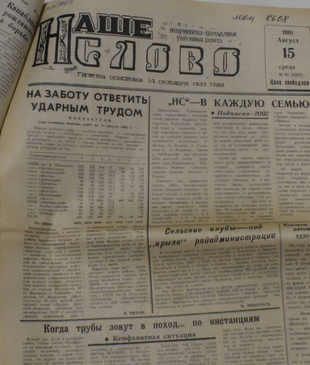 Газета Наше слово № 65 от 15 августа 2001