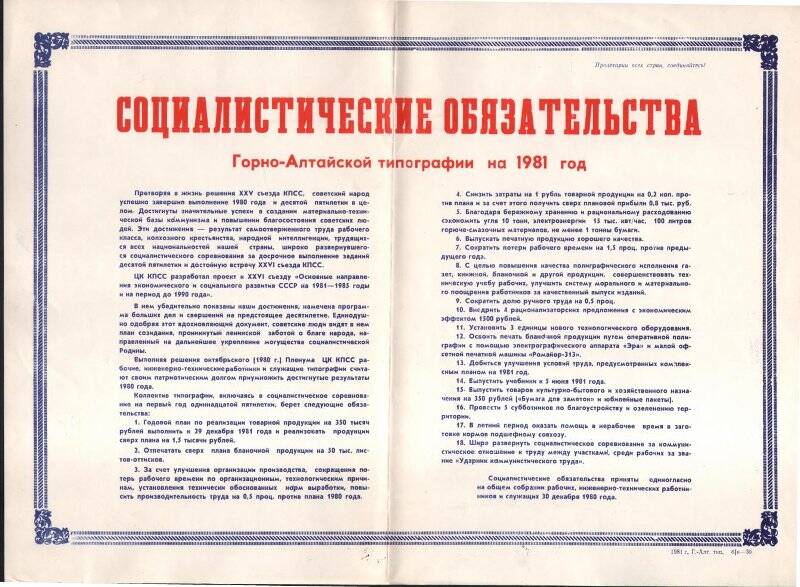 Социалистические обязательства типографии на 1981 год.