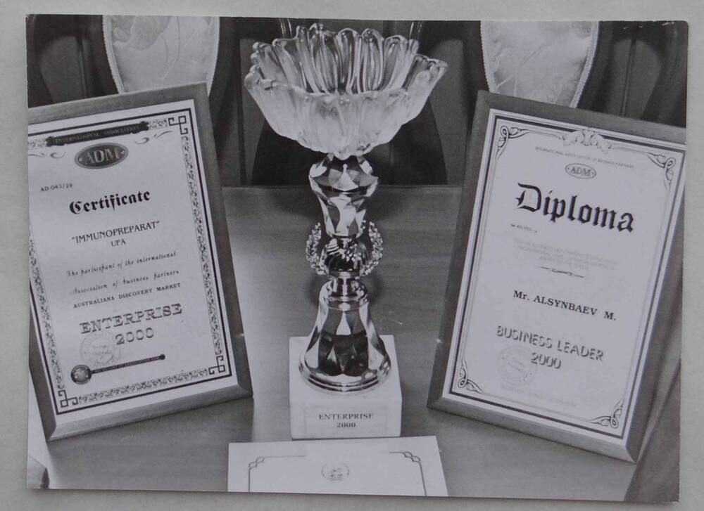 Фотография. Дипломы и кубы, которых был удостоен ГУП Иммунопрепарат в 2000 году. На оборотной стороне печать фотографа Рината Разапова.