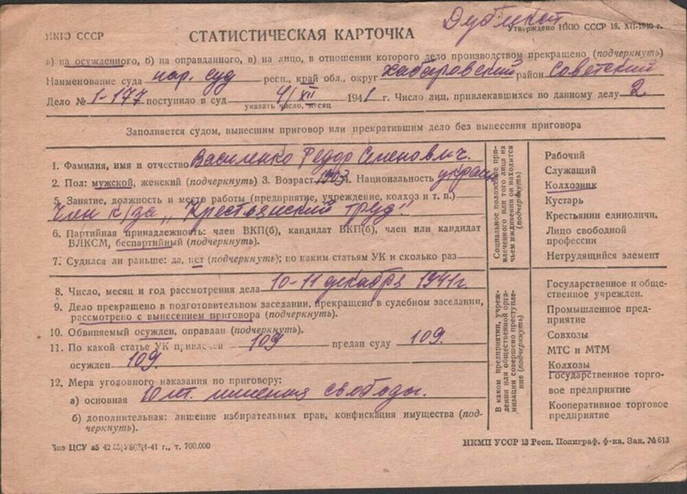 Статистическая карточка на Василенко Ф.С., 04.12.1941 г.