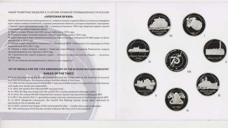 Документ. Сертификат подлинности набора памятных медалей из набора памятных медалей к 75-летию атомной промышленности России «Опережая время»
