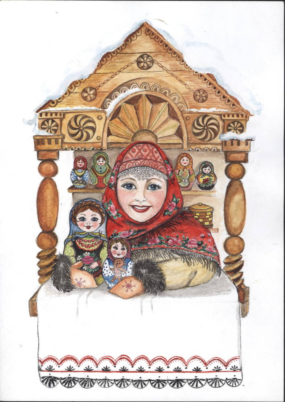 Эскиз к почтовой открытке «Девушка с матрешками»