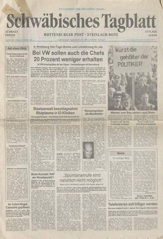Газета. Schwäbisches Tagblatt. - 29. Oktober. - 1993. - № 251. - Tübingen, 1993.
