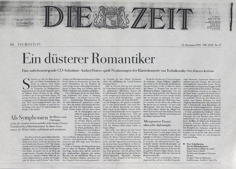 Ксерокопия извлечения из газеты. Ein düsterer Romantiker. - Die Zeit. - № 47. - 12 November 1998. - Гамбург, 1998.