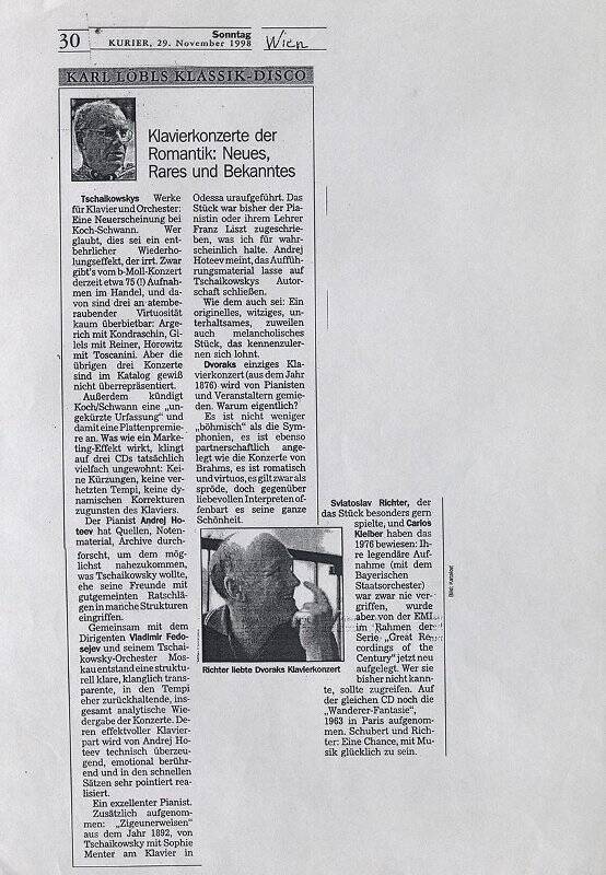 Ксерокопия извлечения из газеты. Kurier. - 1998. - November. - Klavierkonzerte der Romantik: Neues, Rares und Bekanntes. - Wien, 1998.