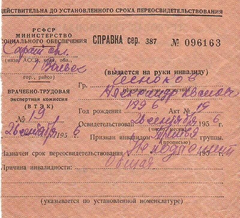 Справка сер. 387 № 096163, подтверждающая инвалидность (3 группа) Чеснокова А.И.