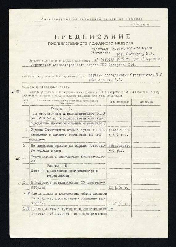 Предписание Государственного пожарного надзора Александровскому краеведческому музею