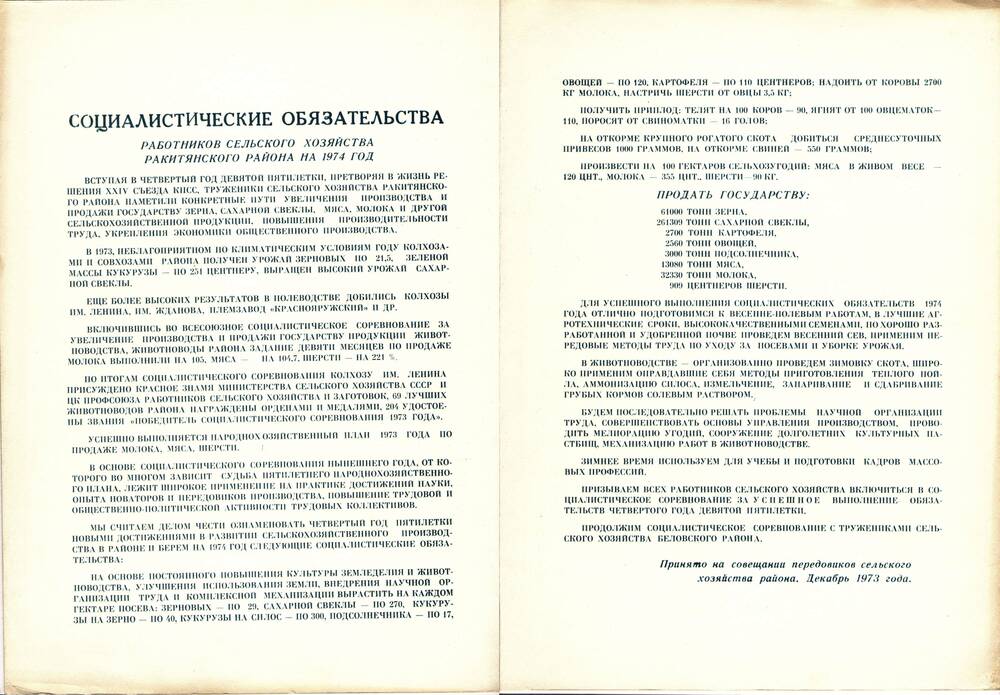 Социалистические обязательства работников сельского хозяйства Ракитянского района на 1974 г.