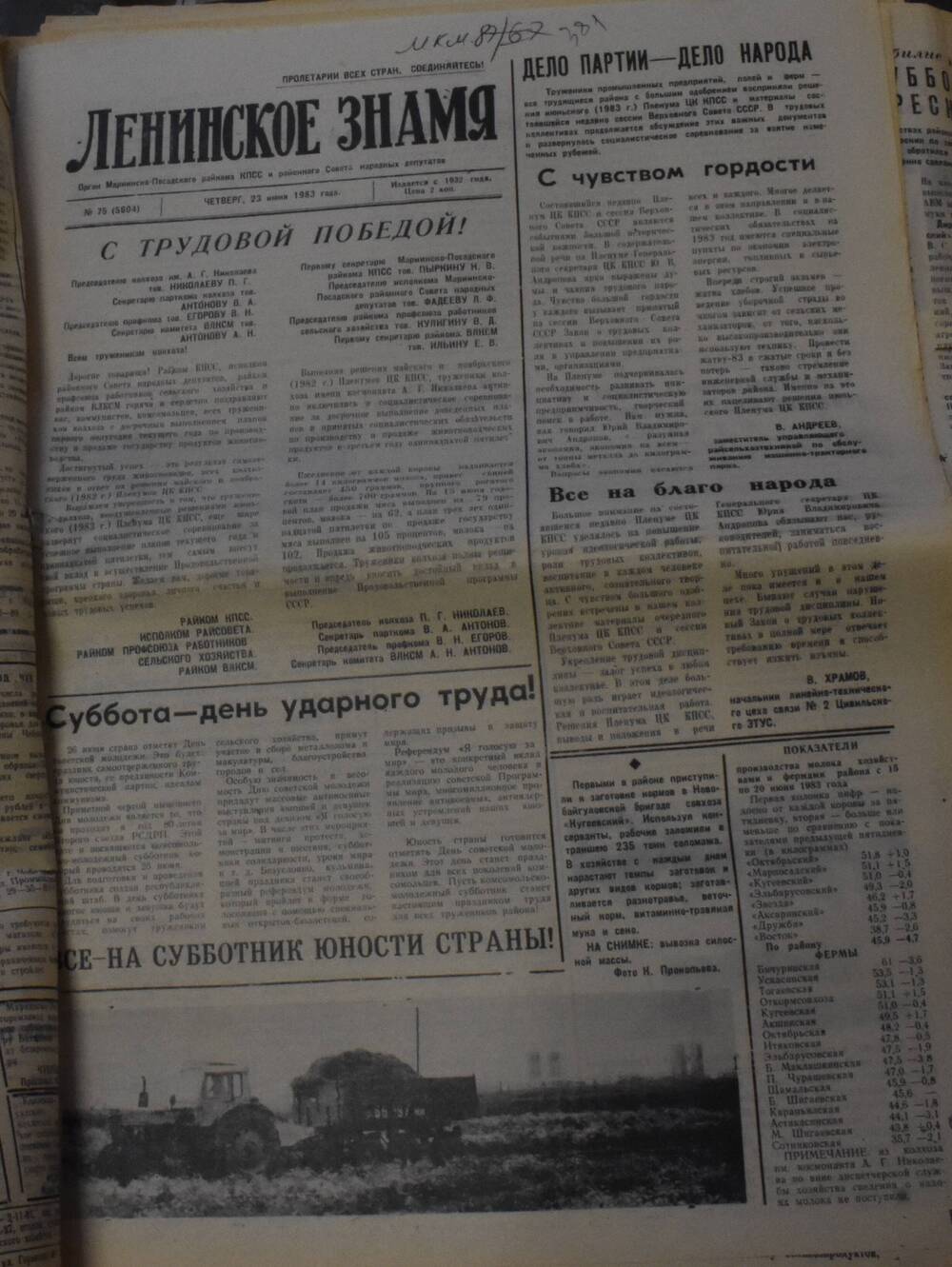 Газета Ленинское знамя № 75 от 23 июня 1983