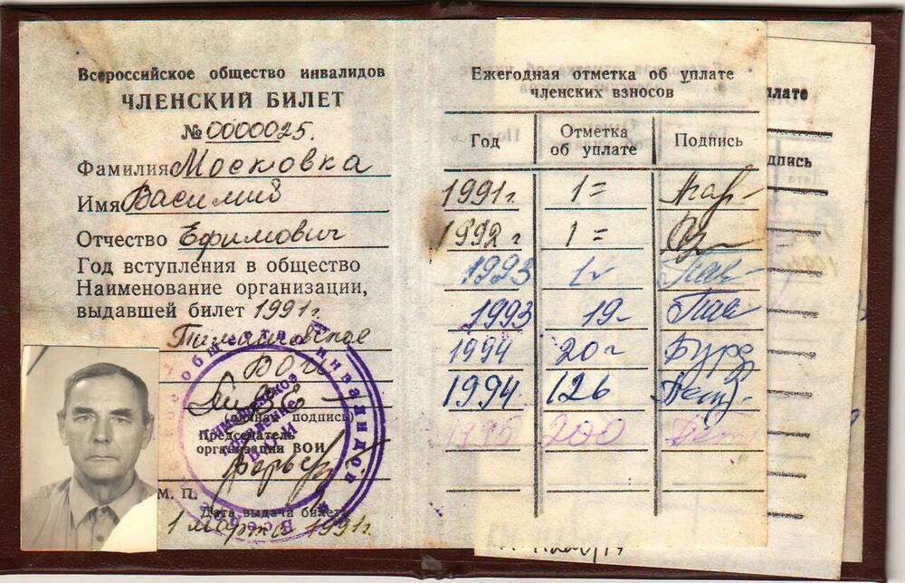 Членский билет  Всероссийского  общества инвалидов Московки Василия Ефимовича.