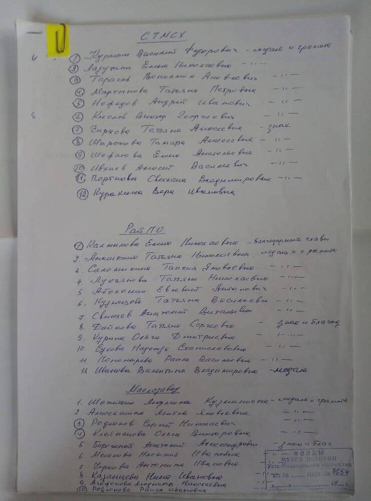 Список на  награждение  к  100-летию Серафимоичского комсомола бывших работников  предприятий  города и района