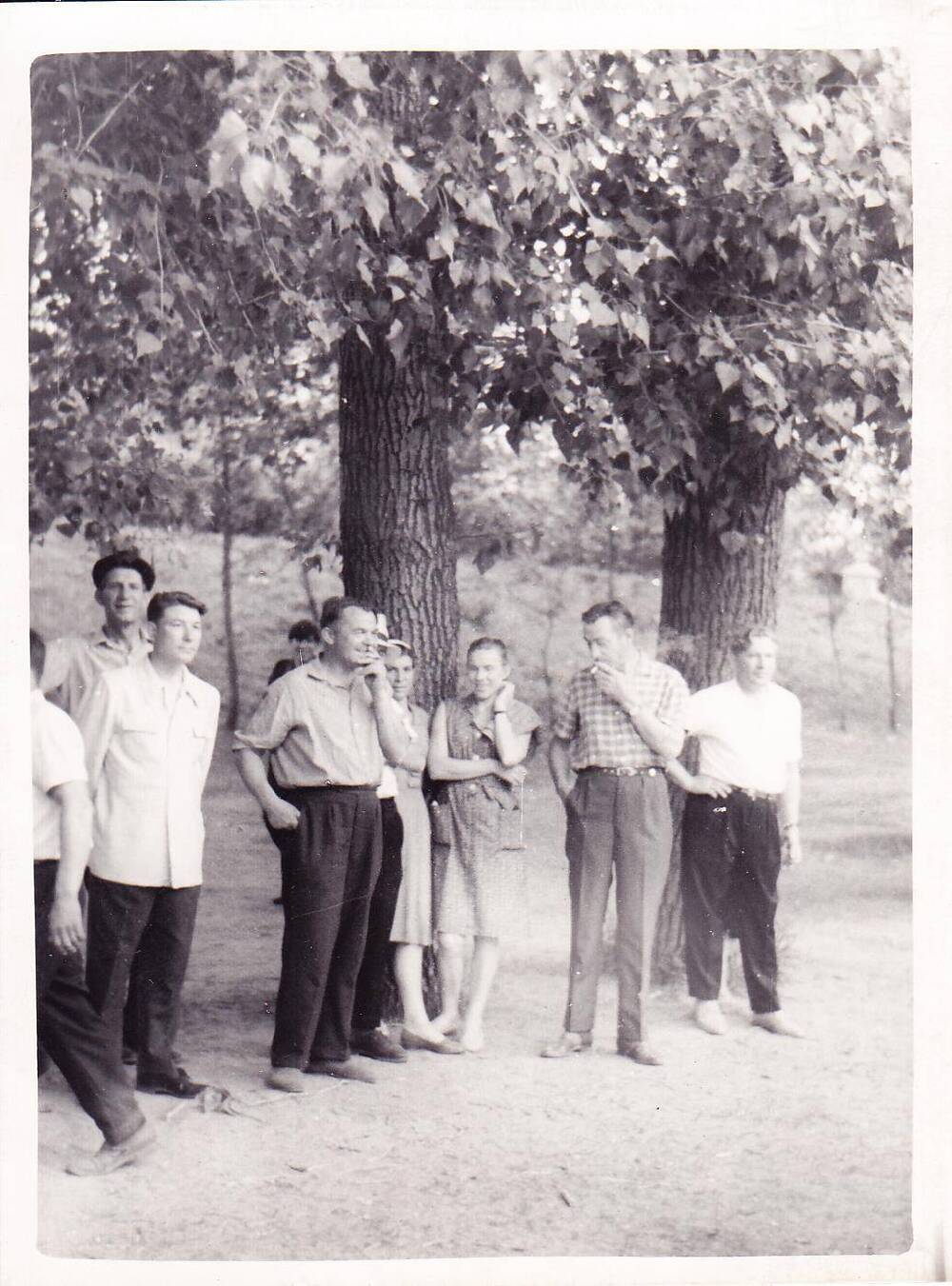 Фотография черно-белая. Сюжетная. Женщины и мужчины стоят под деревьями.