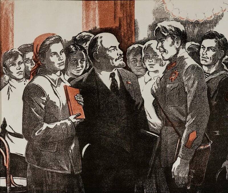 Гравюра. В.И.Ленин с молодежью