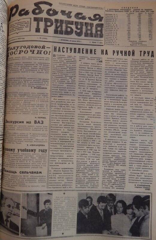 Газета Рабочая трибуна № 76 (2104) вторник, 25 июня 1974 г.